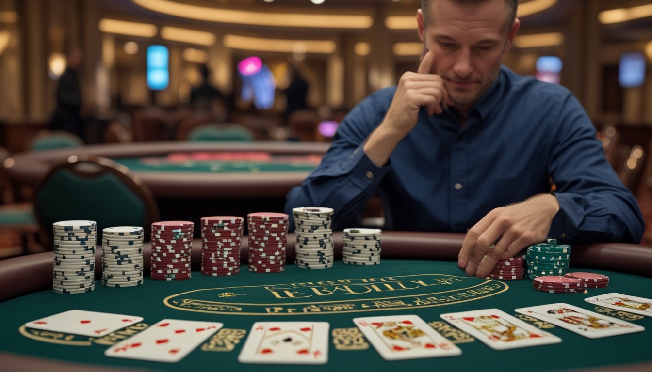 Seorang pemain menilai tumpukan chip di meja poker Red Dog di dalam kasino.