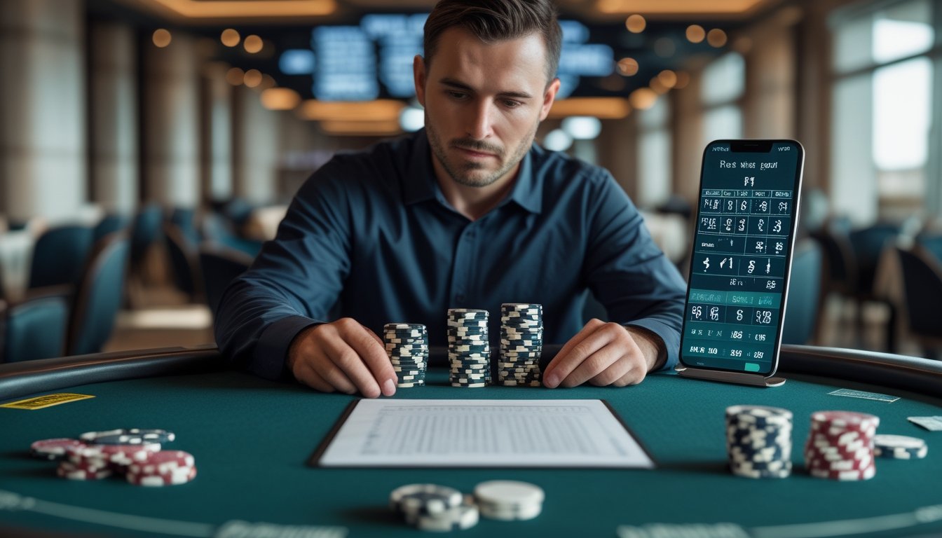 Seorang pemain menyusun chip poker dan meninjau anggaran risiko di meja kasino.