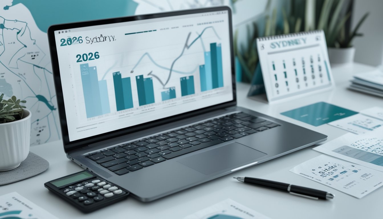 Meja kerja modern dengan laptop berisi grafik analisis angka dan kalender tahun 2026.
