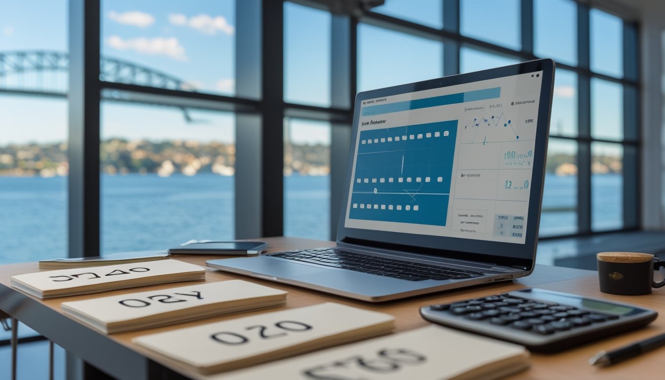 Meja kerja modern dengan kalkulator, catatan analisis, grafik data, kalender, dan latar cakrawala kota Sydney.