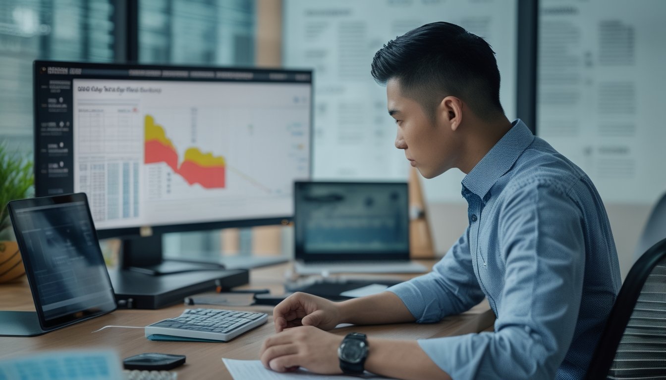 Seorang analis memeriksa pola data dan grafik abstrak di ruang kerja modern.