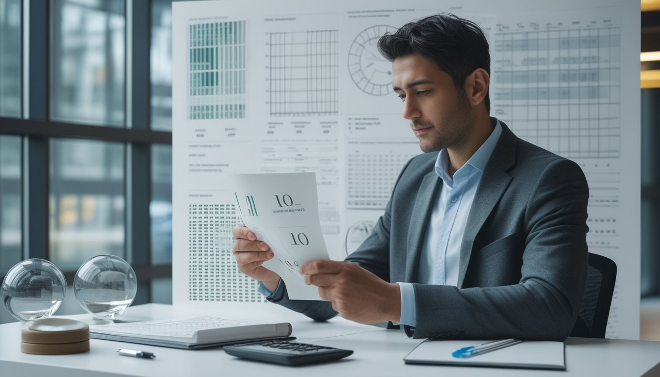 Seorang analis meninjau grafik statistik dan data probabilitas di meja kerja modern.