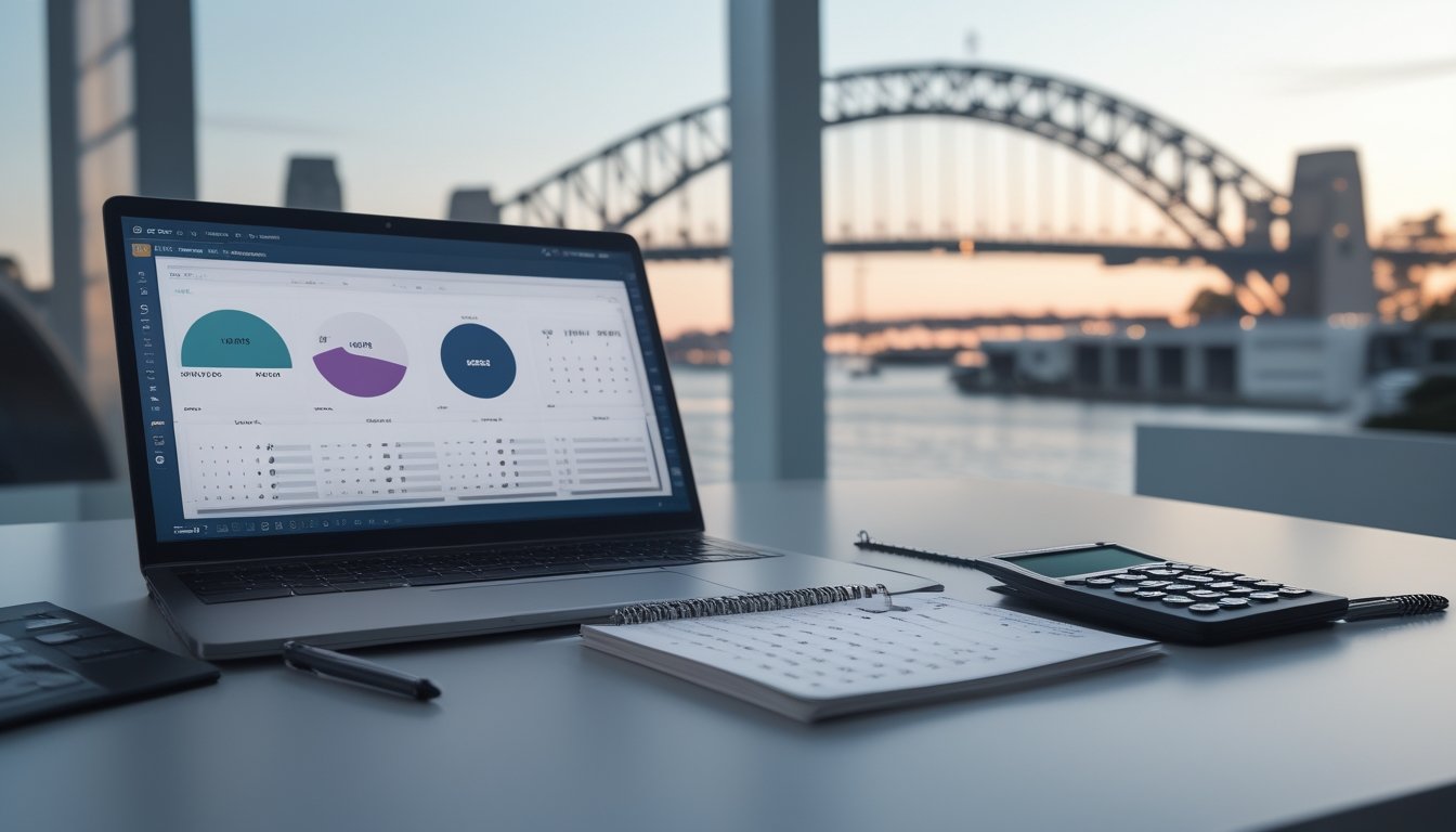 Meja kerja dengan laptop berisi grafik abstrak, kalkulator, catatan pola angka, dan siluet kota Sydney di latar belakang.