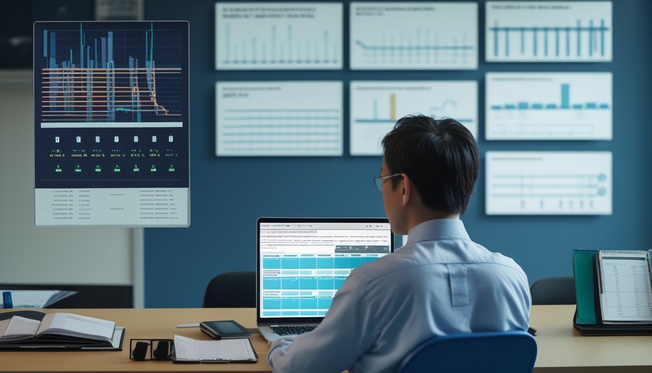 Analis data memeriksa grafik dan lembar data di meja kerja modern.
