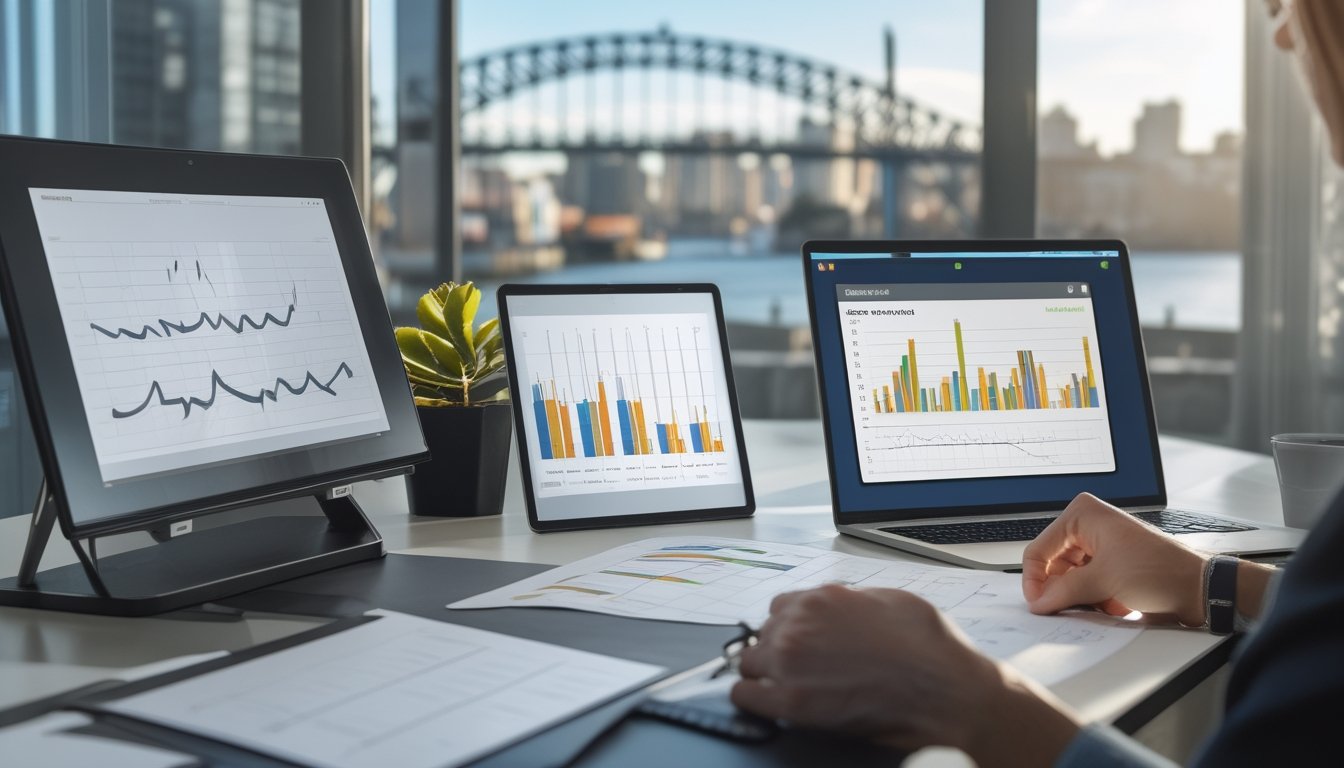 Meja kerja analisis dengan grafik abstrak, tablet, dan pemandangan Sydney di latar belakang.