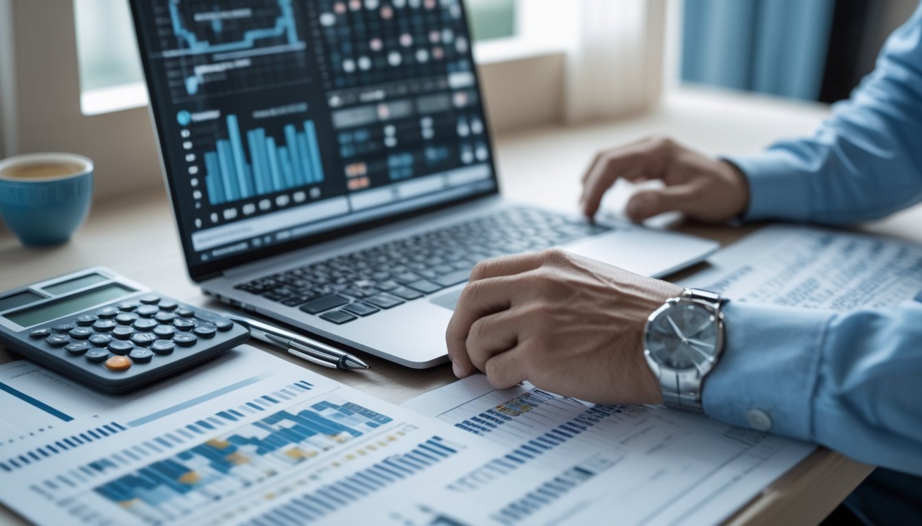 Seorang analis memeriksa grafik dan data numerik di meja kerja dengan laptop, kalkulator, dan lembar analisis.