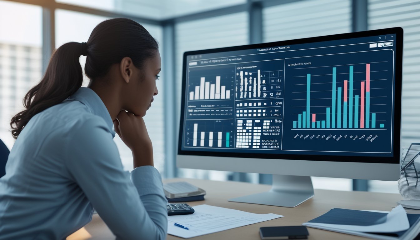 Analis memeriksa grafik probabilitas dan data statistik pada monitor di ruang kerja modern.