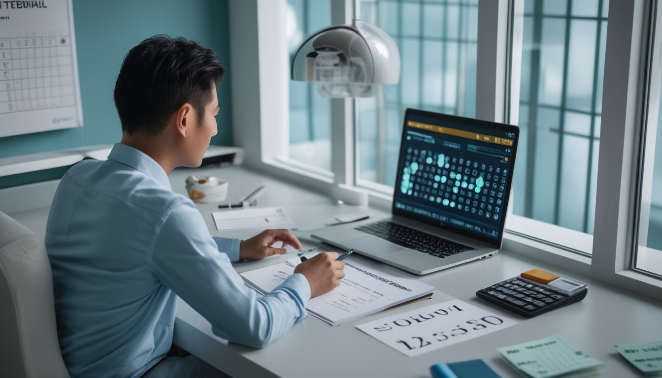 Seseorang memeriksa pola angka dan catatan analisis di meja kerja dengan laptop dan kalkulator.