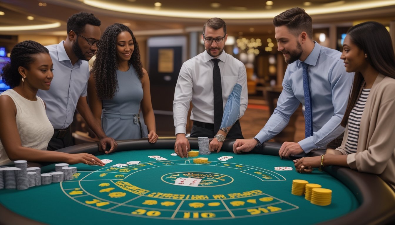 Pemula belajar bermain blackjack dengan aman di meja kasino bersama dealer.