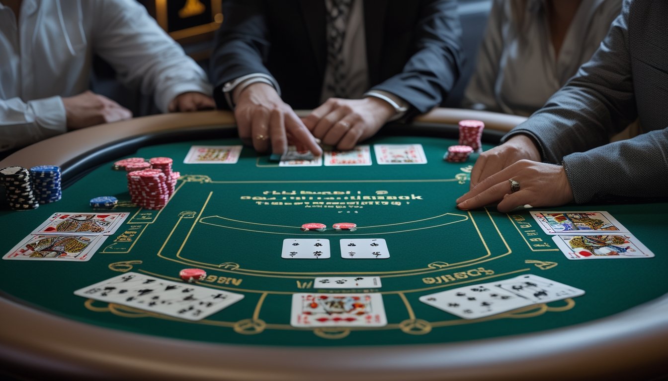 Pemula belajar aturan dasar permainan blackjack 6:5 di meja kasino bersama dealer.
