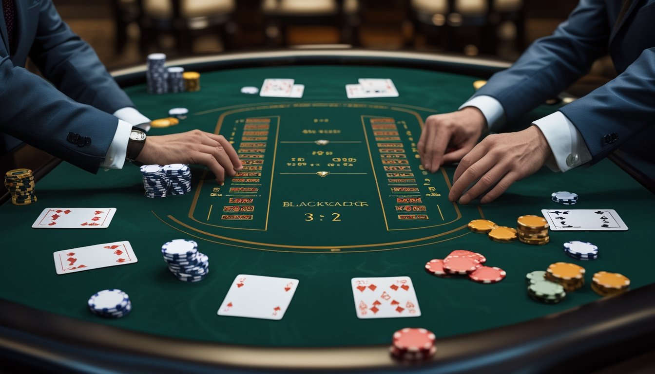 Meja blackjack dengan kartu dan tumpukan chip yang menampilkan dua skenario pembayaran.