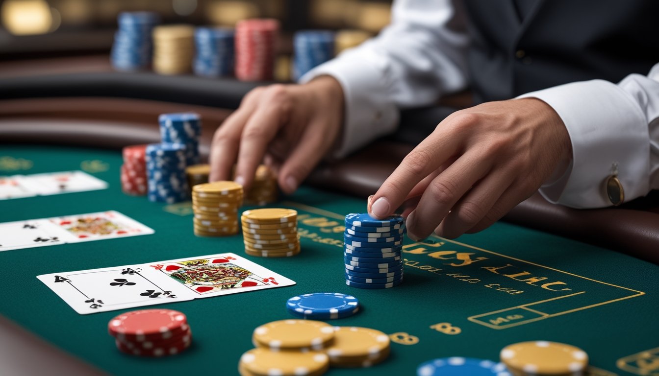 Meja blackjack dengan kartu, tumpukan keping kasino, dealer, dan tangan pemain yang memasang taruhan.
