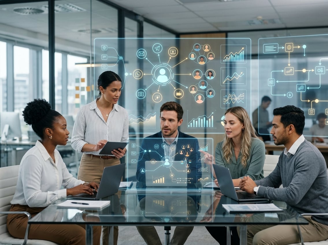 Marketing professionals collaborate around digital displays showing connected customer profiles, predictive data patterns, and automated workflows.