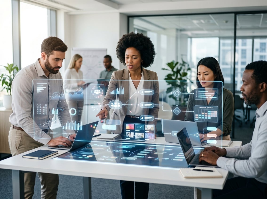 A diverse marketing team collaborates around digital dashboards showing customer insights, predictive analytics, and automated campaign workflows.