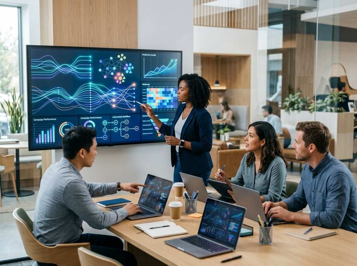Marketing professionals analyze live campaign data and automated customer journeys on digital dashboards.