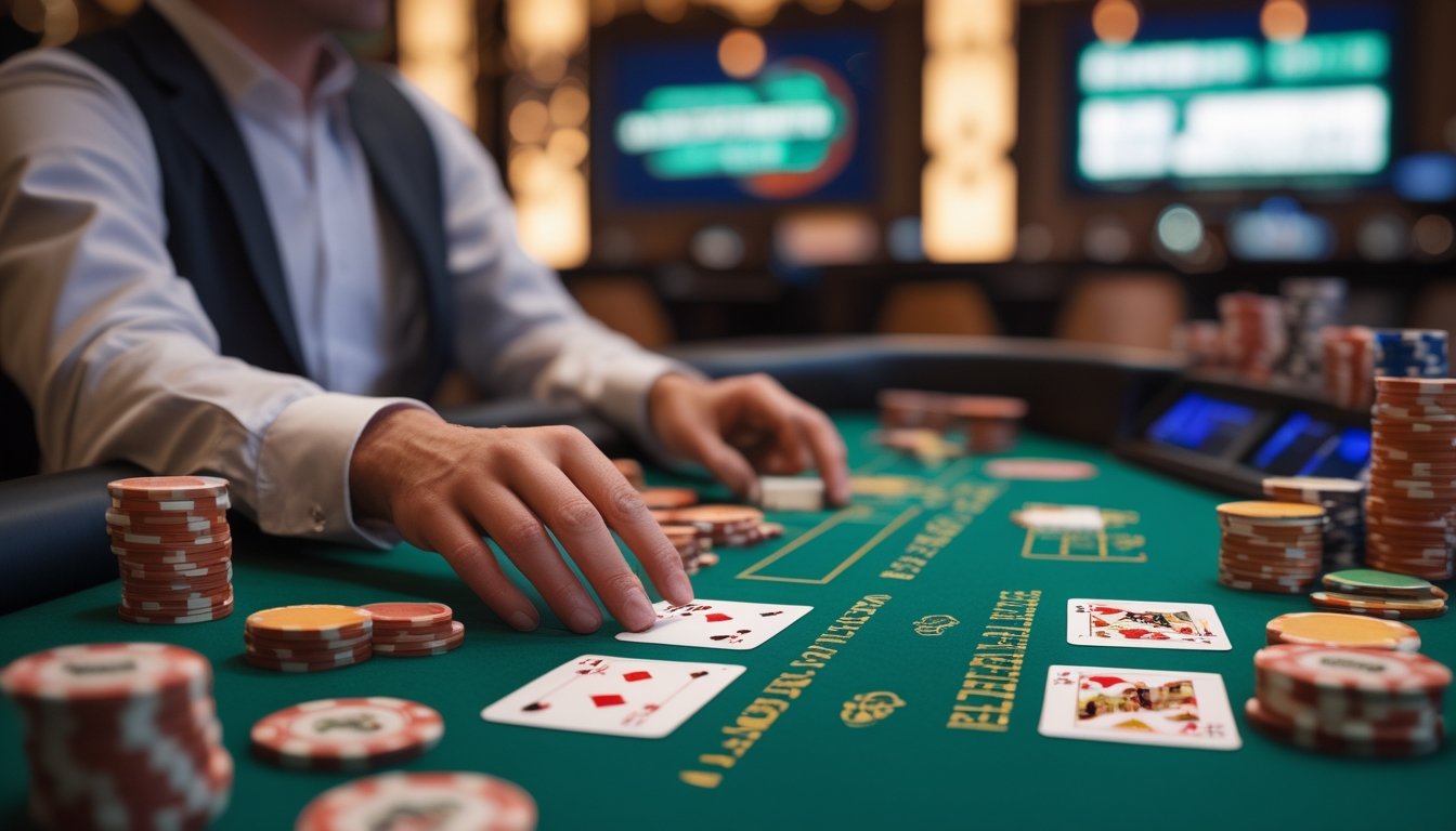 Pemain dewasa fokus bermain blackjack di meja kasino dengan kartu dan keping taruhan.