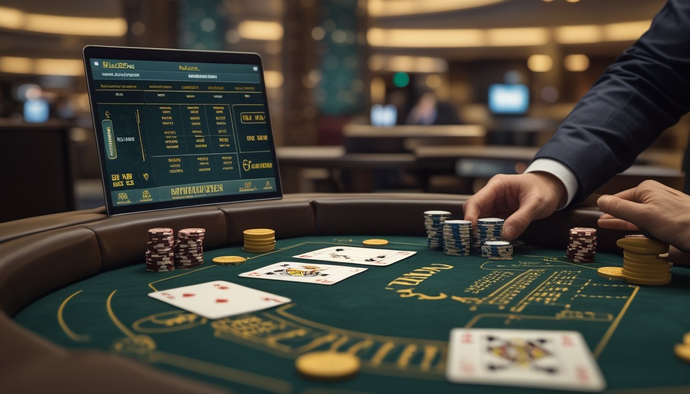 Meja blackjack dengan kartu, keping kasino, dealer, dan perangkat digital yang menampilkan permainan.