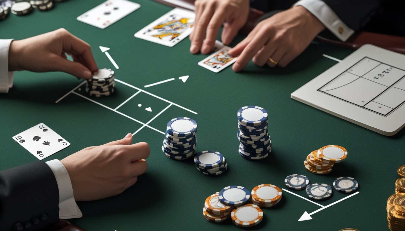 Meja blackjack dengan kartu, keping kasino, kalkulator, dan grafik abstrak yang menggambarkan perbandingan peluang pembayaran.