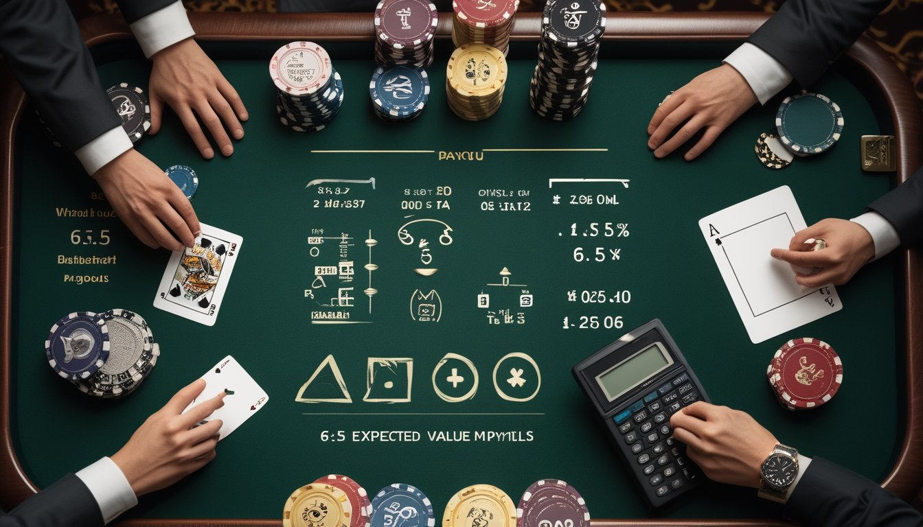 Meja blackjack dengan kartu, keping kasino, kalkulator, dan catatan perhitungan probabilitas.