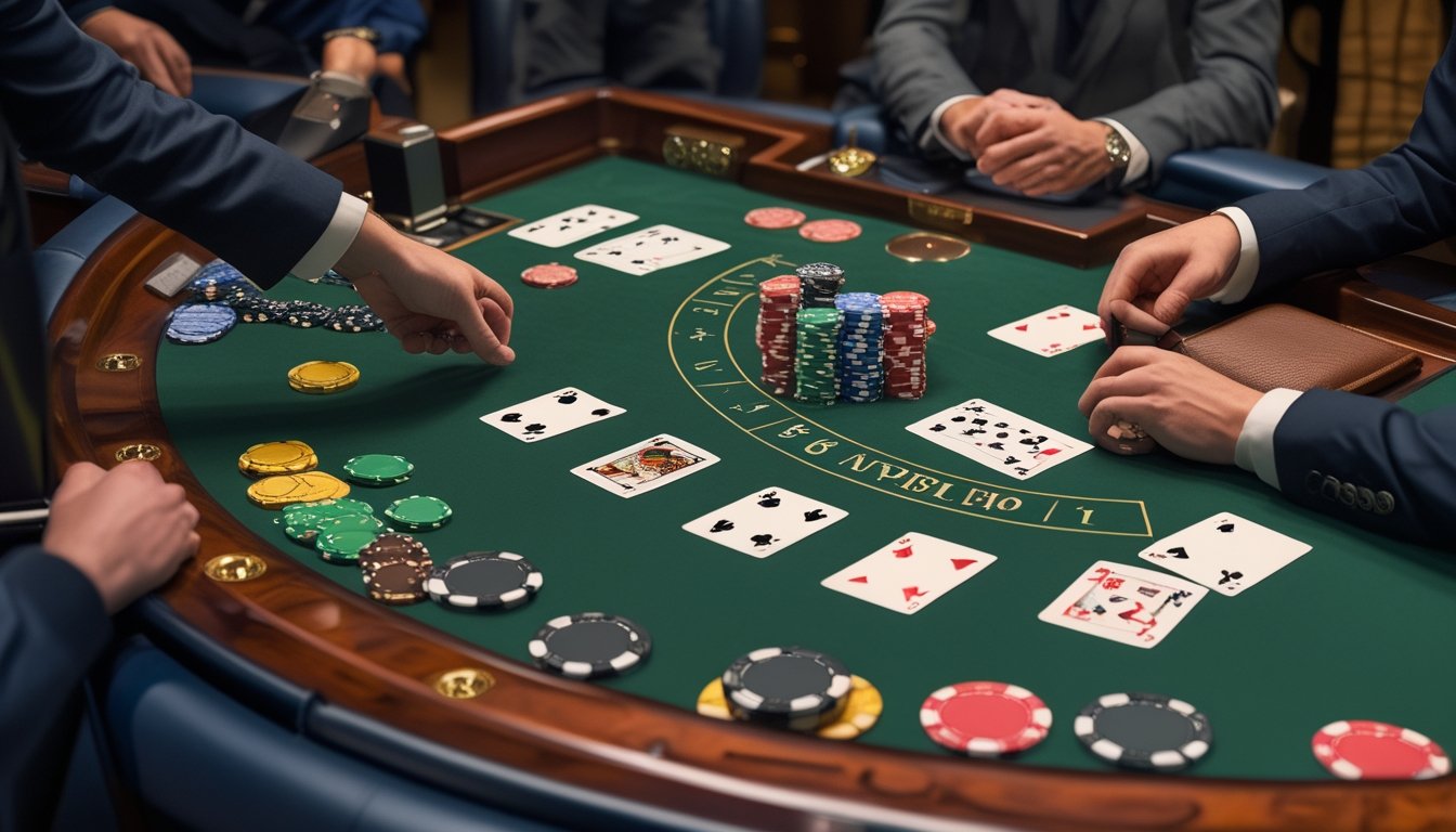 Meja blackjack di kasino dengan kartu, keping taruhan, dealer, dan beberapa pemain.