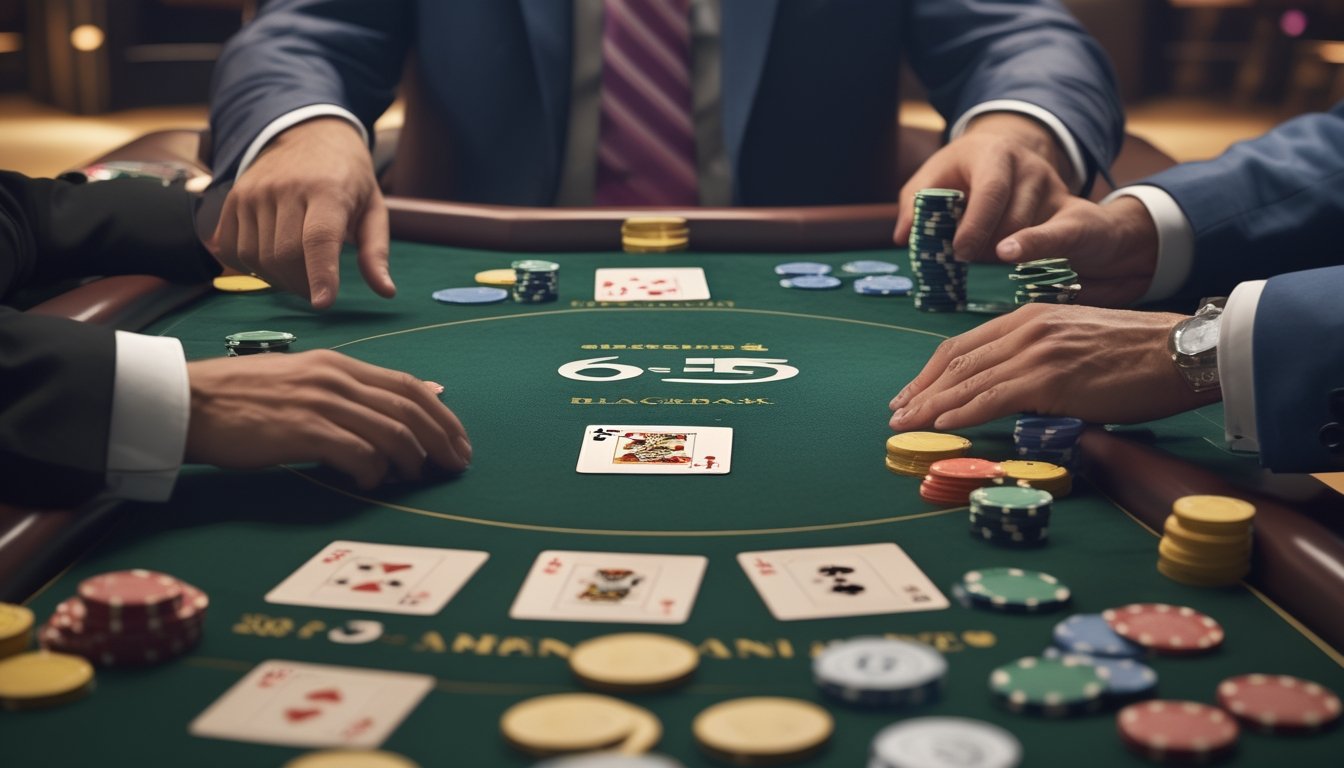 Dealer dan pemain sedang memainkan blackjack di meja kasino dengan kartu dan keping taruhan.