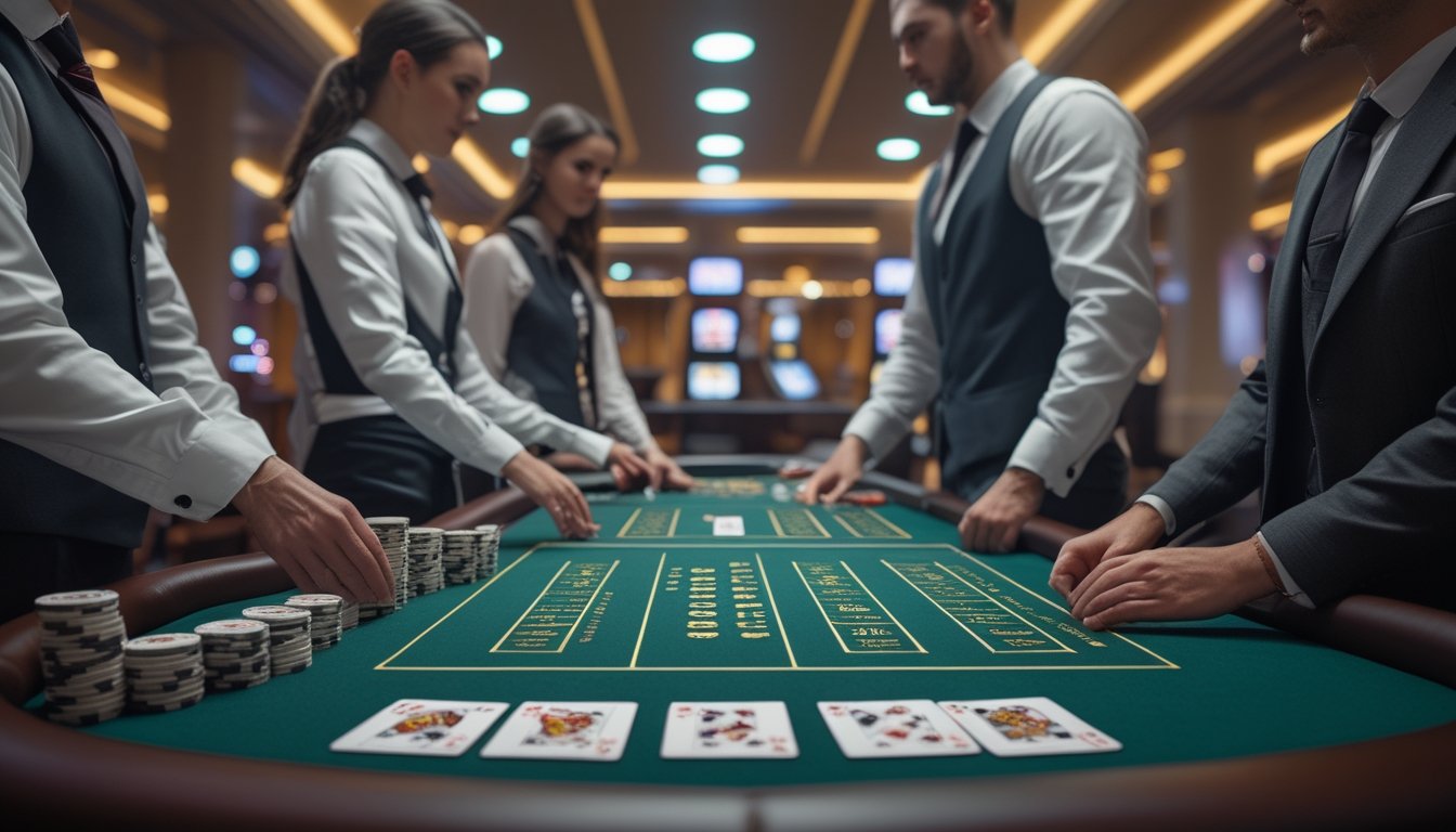 Dealer membagikan kartu blackjack kepada beberapa pemain di meja kasino modern.