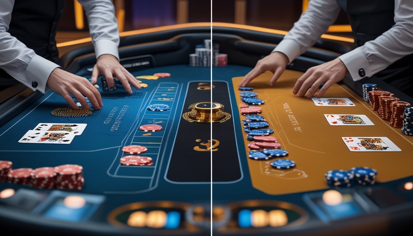 Meja blackjack di kasino modern dengan kartu dan keping taruhan dalam suasana pencahayaan biru dan hangat.