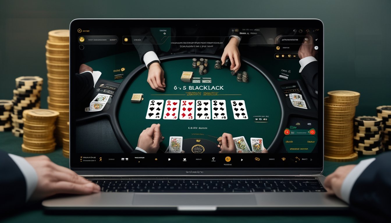 Tampilan permainan blackjack online dengan kartu, keping kasino, dan beberapa pilihan permainan di meja digital.