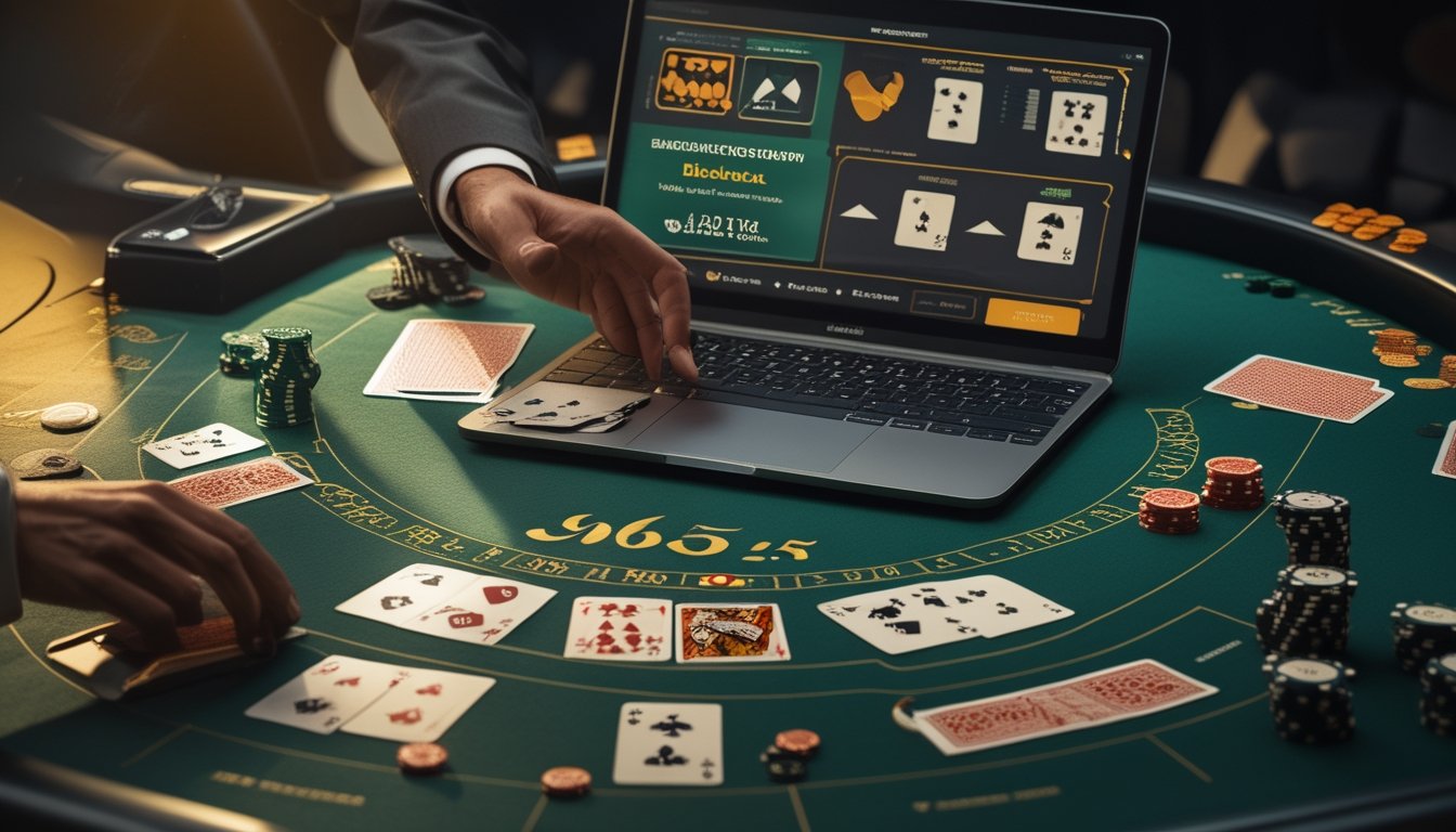 Meja blackjack dengan kartu, chip kasino, tangan dealer, dan layar permainan digital.