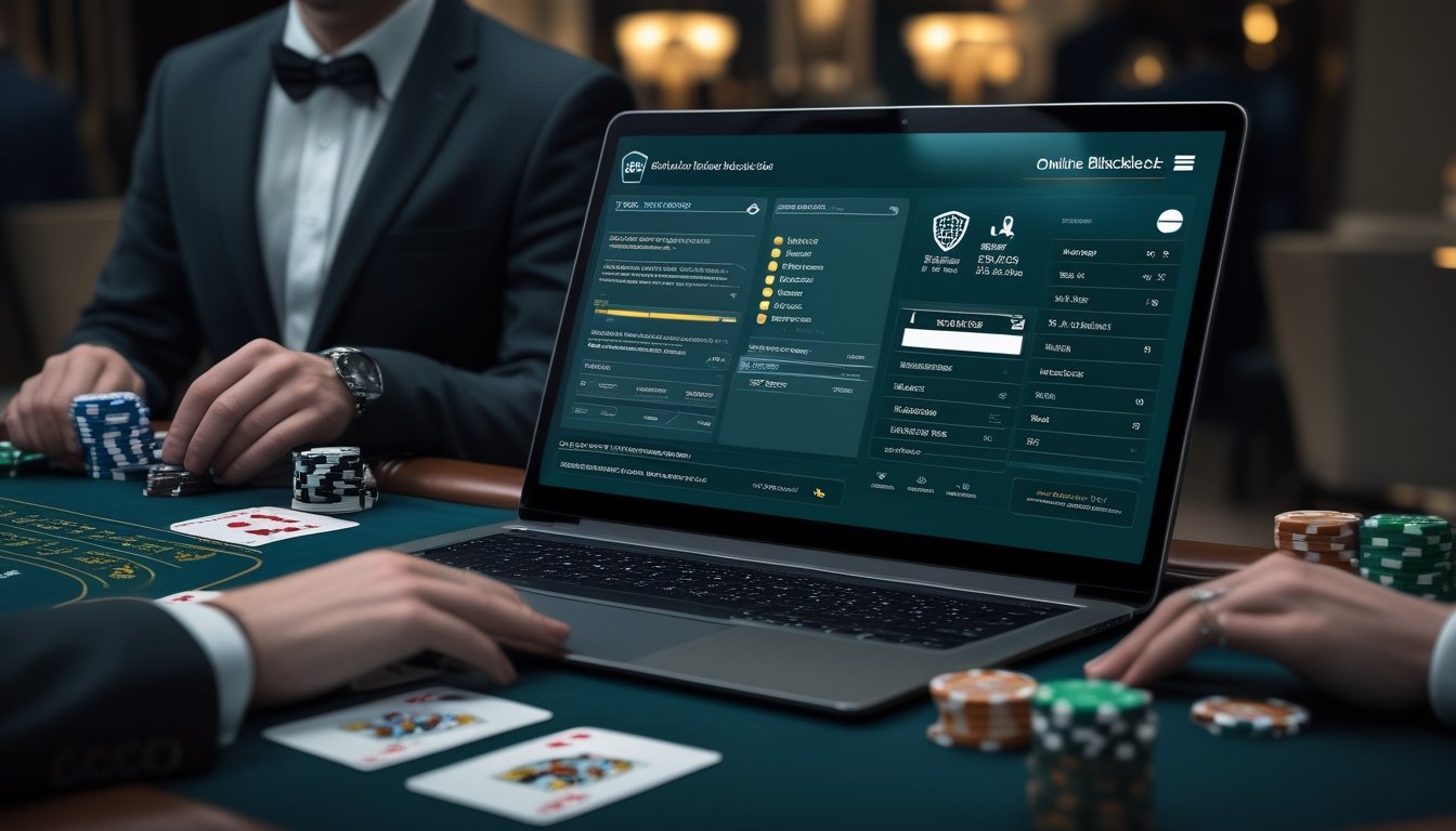 Meja blackjack dengan kartu, keping kasino, perangkat digital, dan simbol keamanan.
