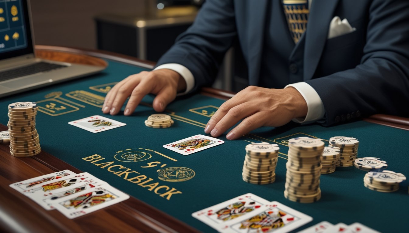Meja blackjack dengan kartu dan keping taruhan, tangan dealer, serta perangkat dengan simbol keamanan.