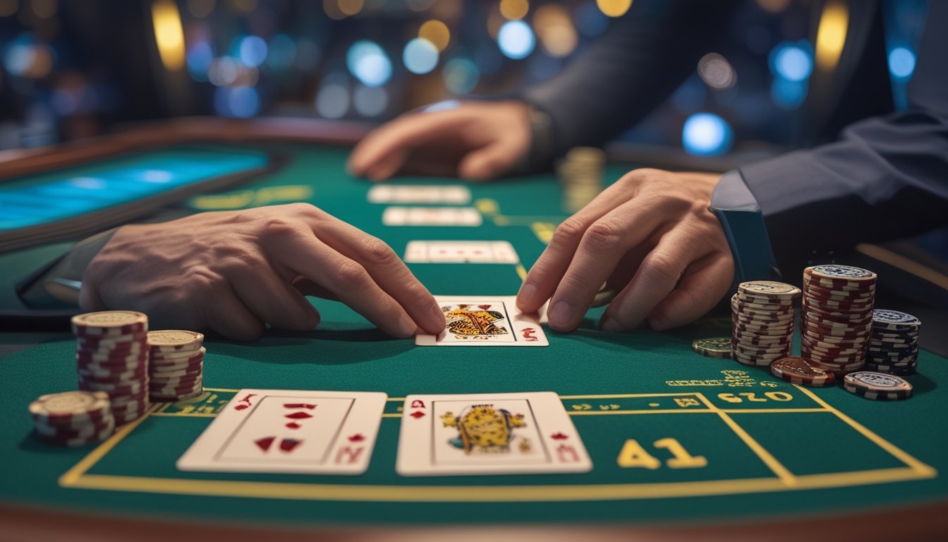 Pemain blackjack profesional mempelajari kartu dan tumpukan chip di meja kasino.