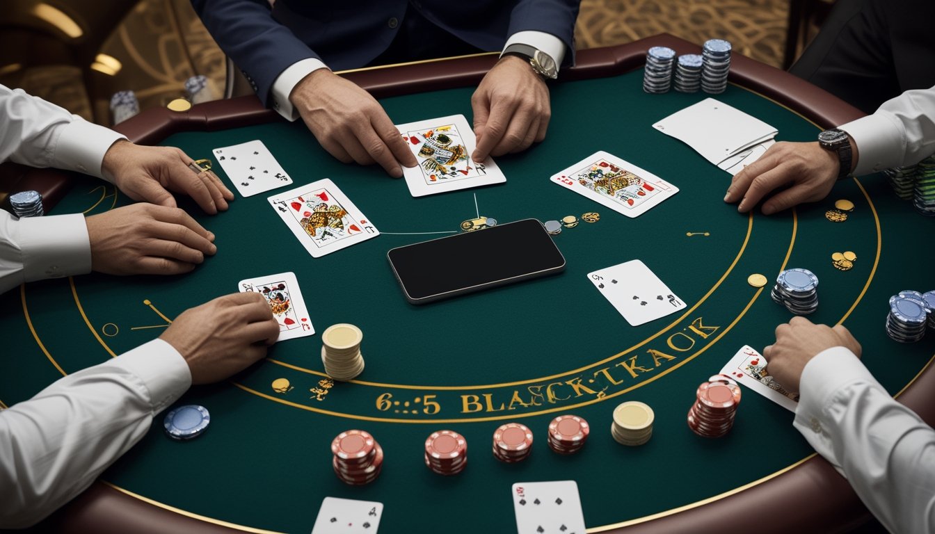 Pemain blackjack berpengalaman mengamati kartu dan tumpukan chip di meja kasino.