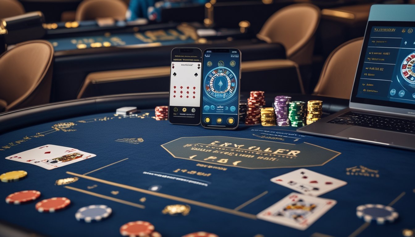 Meja Pai Gow Poker dengan kartu, keping taruhan, laptop, dan ponsel di lingkungan kasino modern.