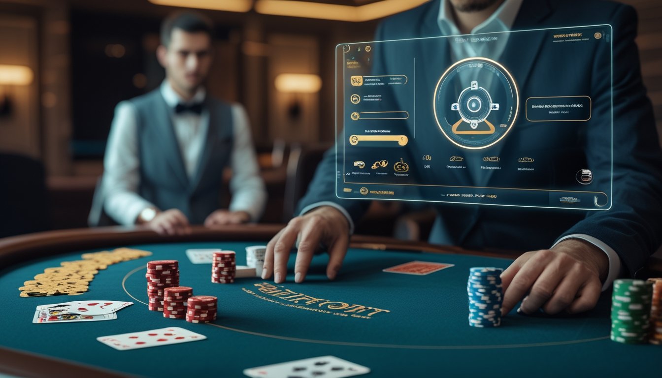 Pemain meninjau antarmuka digital di atas meja Pai Gow Poker dalam suasana kasino modern.