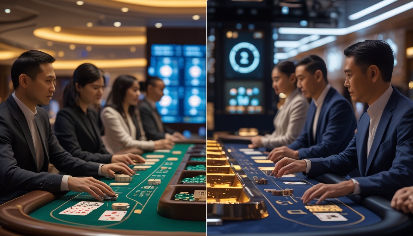 Dealer dan pemain dewasa bermain Pai Gow Poker di meja kasino tradisional dan modern.