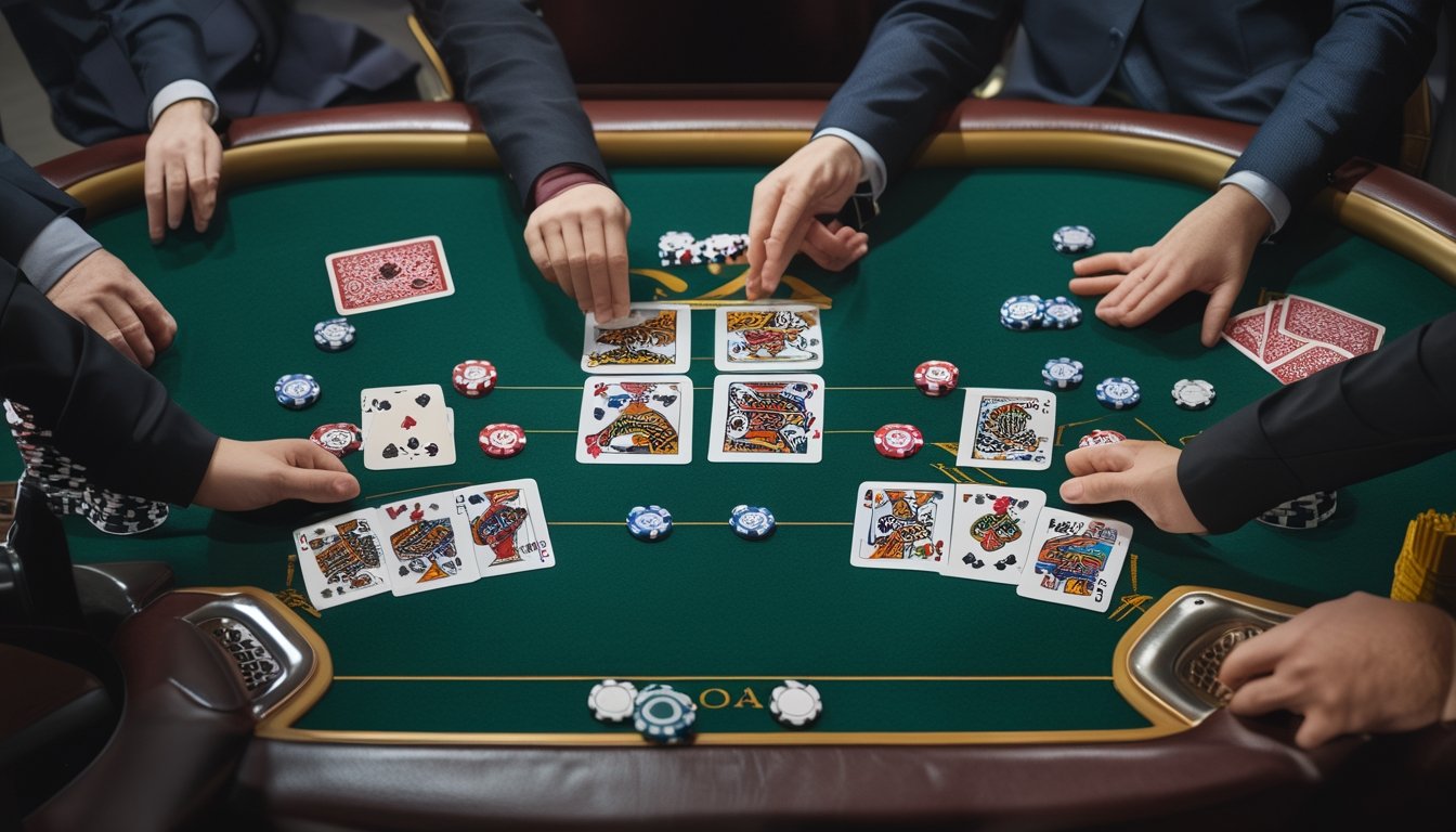 Meja kasino dengan kartu dan keping poker yang disusun dalam dua tata letak permainan Pai Gow Poker.