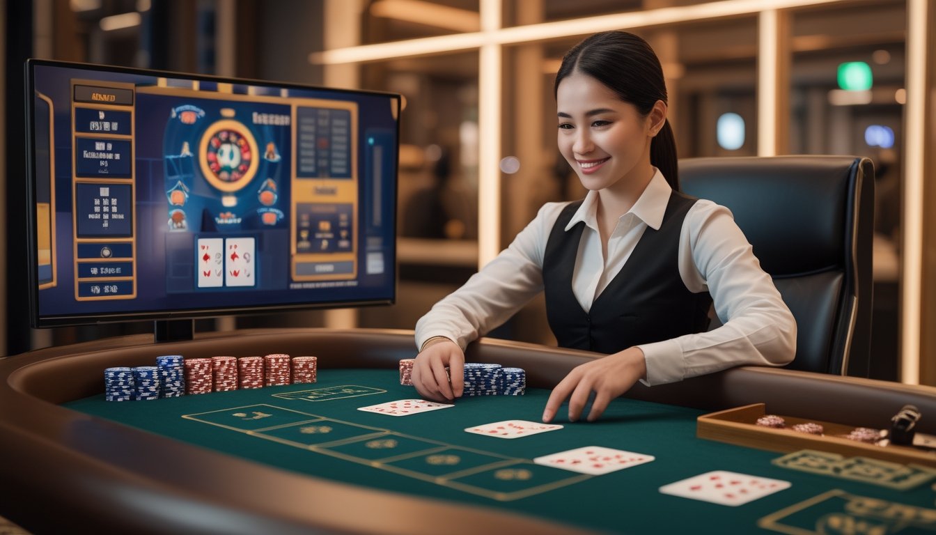 Dealer langsung menata kartu dan chip Pai Gow Poker di meja kasino modern.