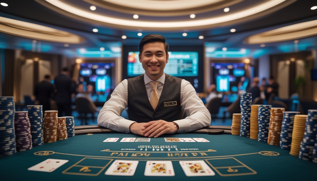 Dealer langsung membagikan kartu Pai Gow Poker di meja kasino modern dengan chip dan pemain.