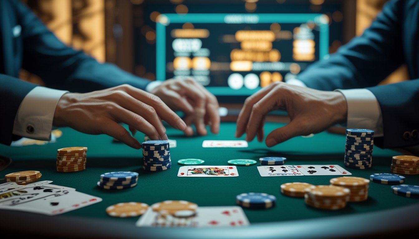 Meja Pai Gow Poker modern dengan kartu, chip kasino, tangan dealer, dan layar digital bercahaya di latar belakang.