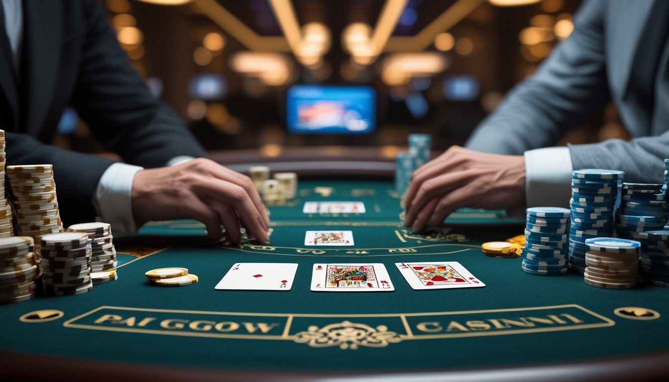 Meja Pai Gow Poker dengan kartu, keping taruhan, dan tangan dealer di lingkungan kasino modern.