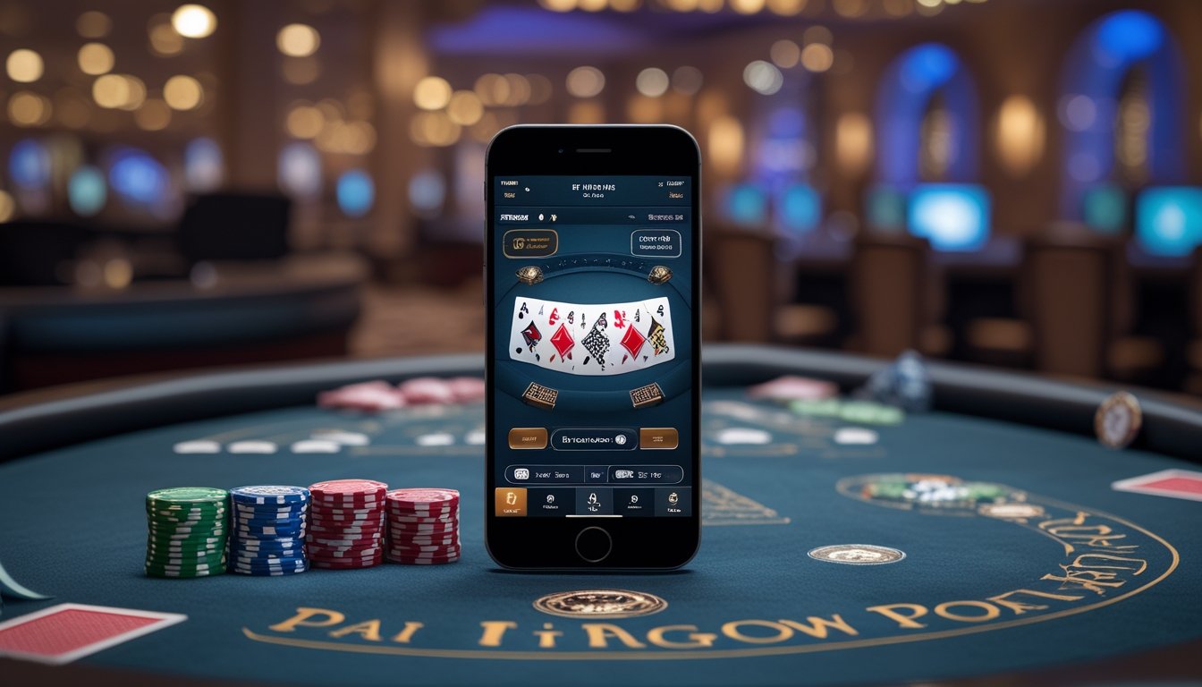 Ponsel menampilkan permainan Pai Gow Poker di atas meja kasino dengan kartu dan keping poker.