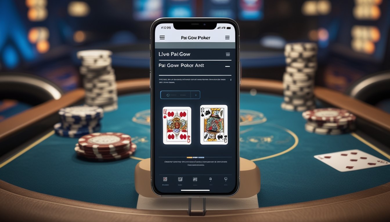 Ponsel menampilkan susunan kartu Pai Gow Poker di atas meja kasino dengan beberapa keping poker.