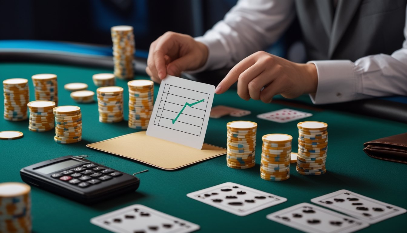 Pemain Pai Gow Poker menata chip, kartu, dan alat pencatat anggaran secara tertib di meja kasino.