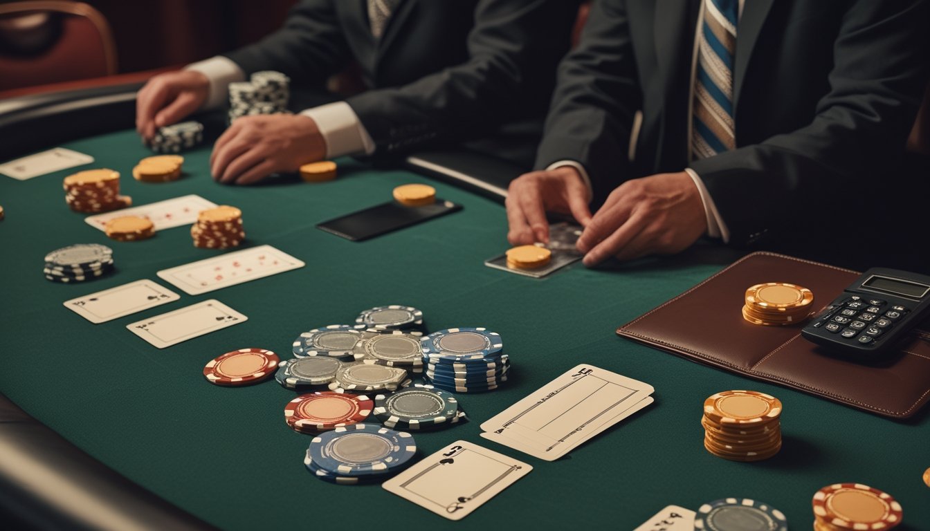 Meja Pai Gow Poker dengan kartu, tumpukan chip yang tertata, buku anggaran, dan kalkulator.