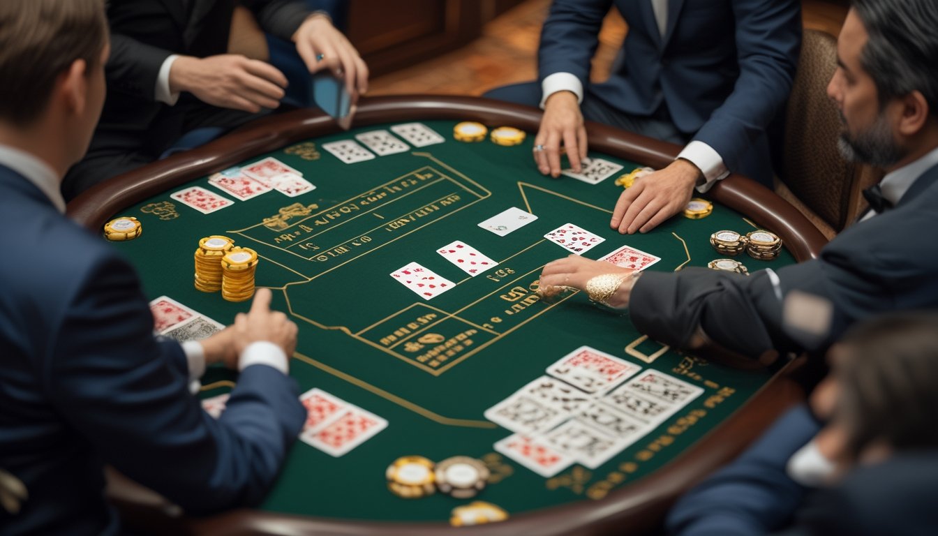 Pemain dan dealer sedang menyusun kartu serta keping taruhan sampingan di meja Pai Gow Poker.