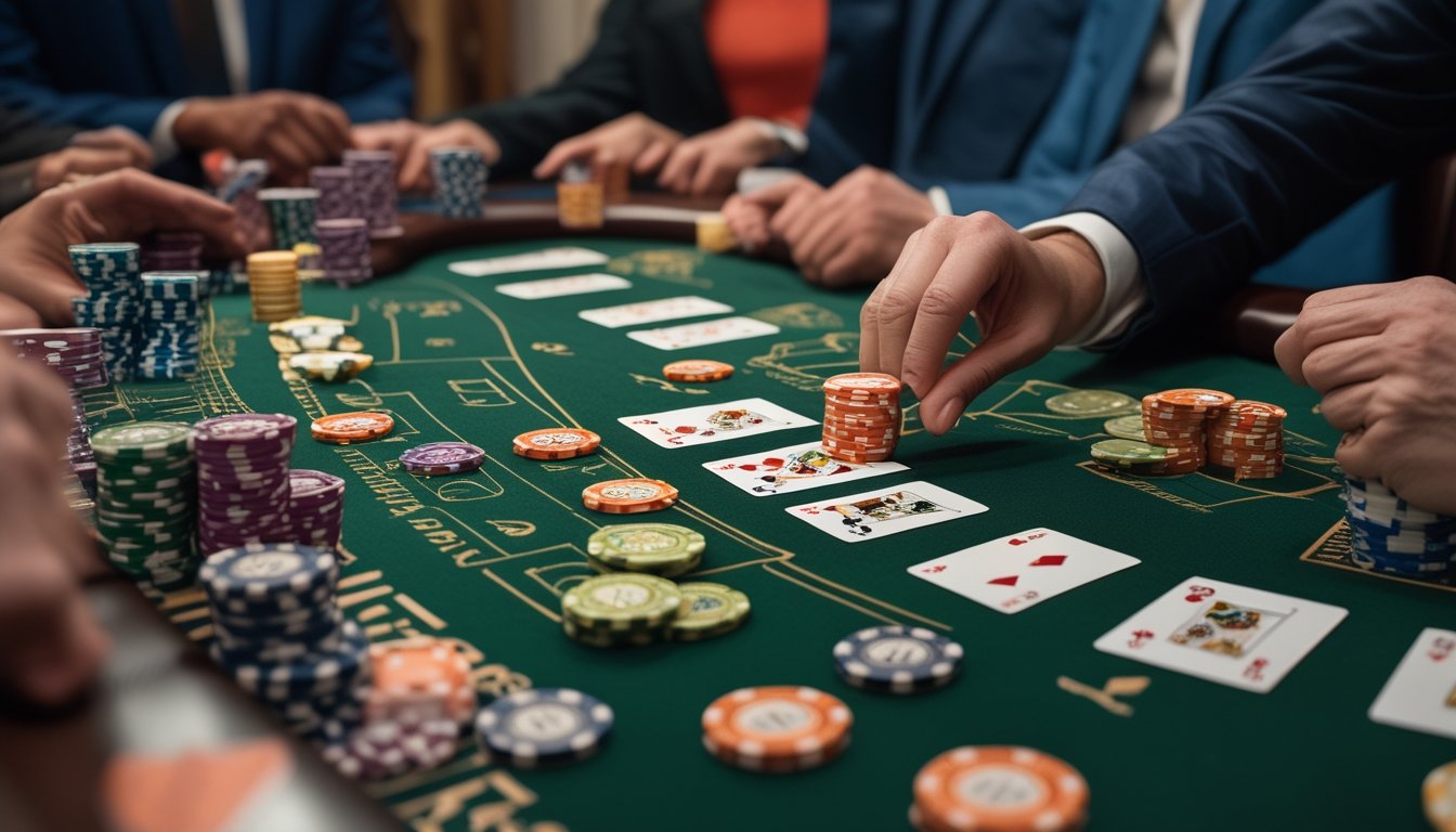 Dealer menempatkan chip taruhan sampingan di meja Pai Gow Poker sementara para pemain mengamati.
