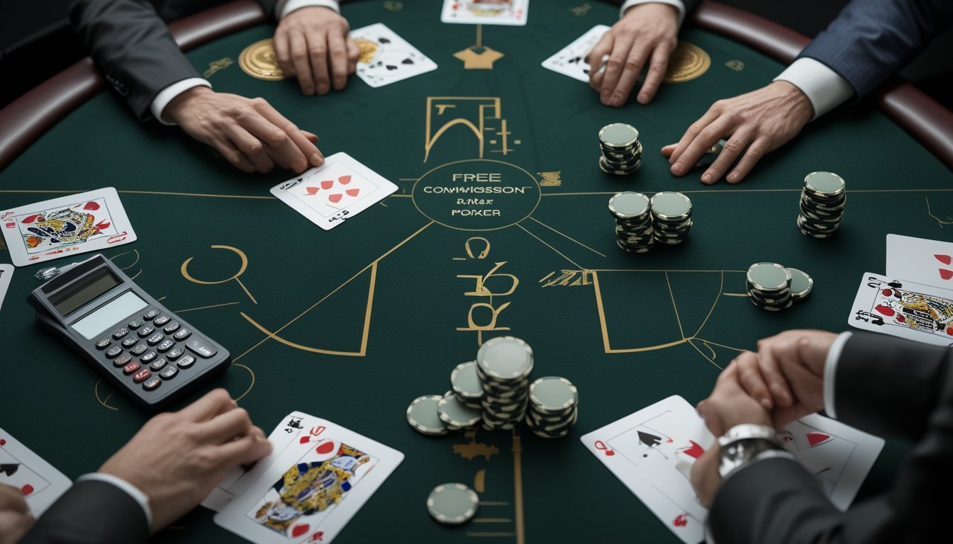 Meja Pai Gow Poker dengan kartu, keping taruhan, kalkulator, dan catatan kosong yang menggambarkan analisis keuntungan serta risiko.
