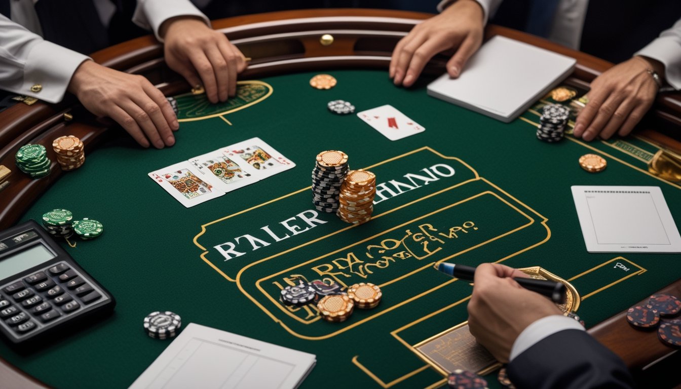 Meja Pai Gow Poker dengan kartu, keping taruhan, dan kalkulator yang menggambarkan perhitungan keuntungan serta risiko.