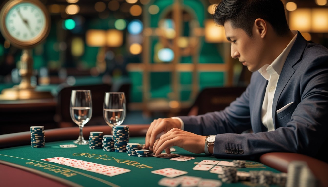 Pemain Pai Gow Poker yang tenang menata kartu dan keping taruhan di meja kasino.